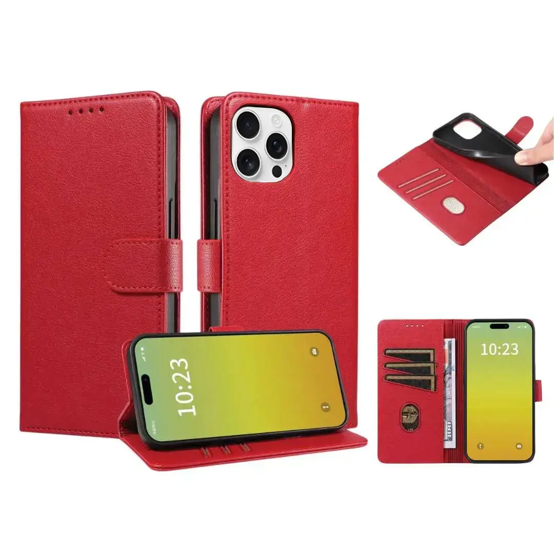 iPhone 16E PU Leather Wallet Case Red